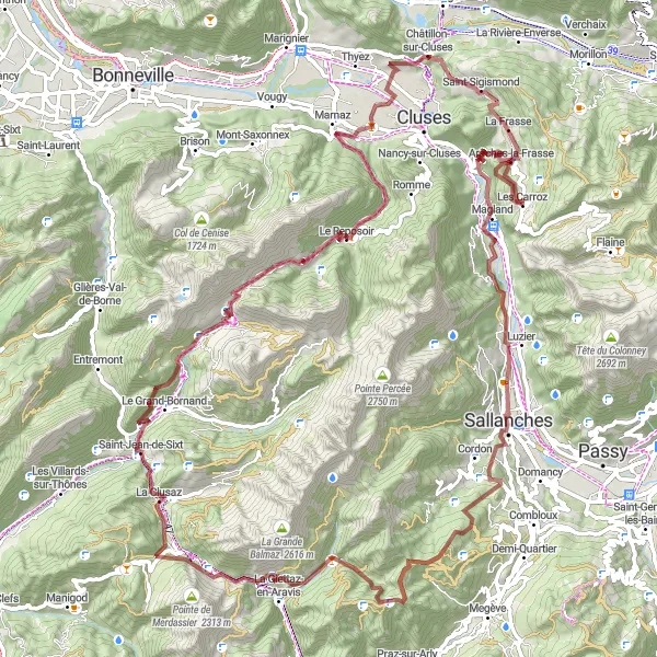 Karttaminiaatyyri "Haastava Gravel-reitti Arâches-la-Frassesta" pyöräilyinspiraatiosta alueella Rhône-Alpes, France. Luotu Tarmacs.app pyöräilyreittisuunnittelijalla