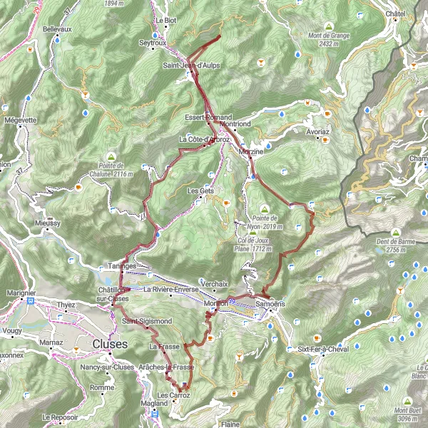 Karttaminiaatyyri "Seikkailullinen pyöräreitti Arâches-la-Frassesta - Gravel" pyöräilyinspiraatiosta alueella Rhône-Alpes, France. Luotu Tarmacs.app pyöräilyreittisuunnittelijalla