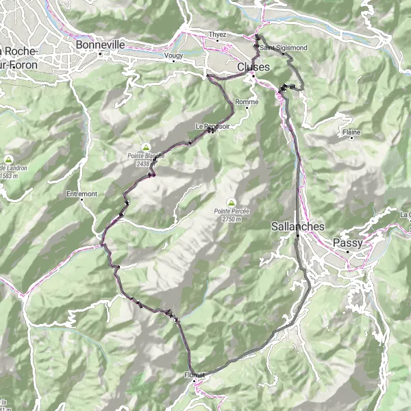 Zemljevid v pomanjšavi "Razgibana cesta: 106 km skozi pokrajino" kolesarske inspiracije v Rhône-Alpes, France. Generirano z načrtovalcem kolesarskih poti Tarmacs.app