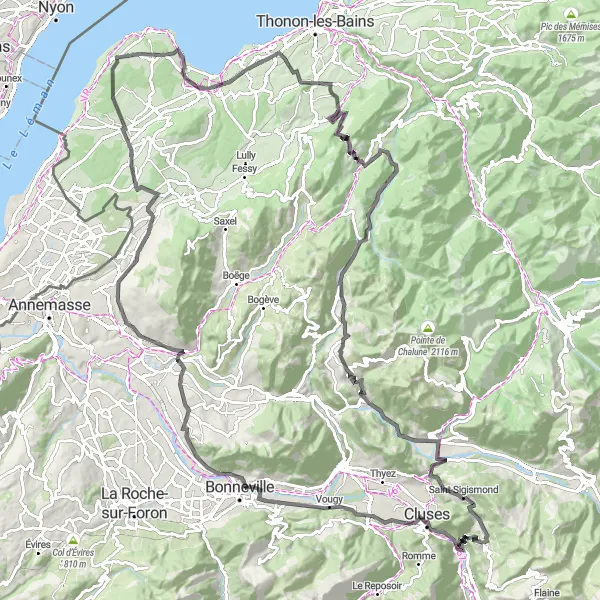 Zemljevid v pomanjšavi "Užitek na cesti: 142 km do cilja" kolesarske inspiracije v Rhône-Alpes, France. Generirano z načrtovalcem kolesarskih poti Tarmacs.app