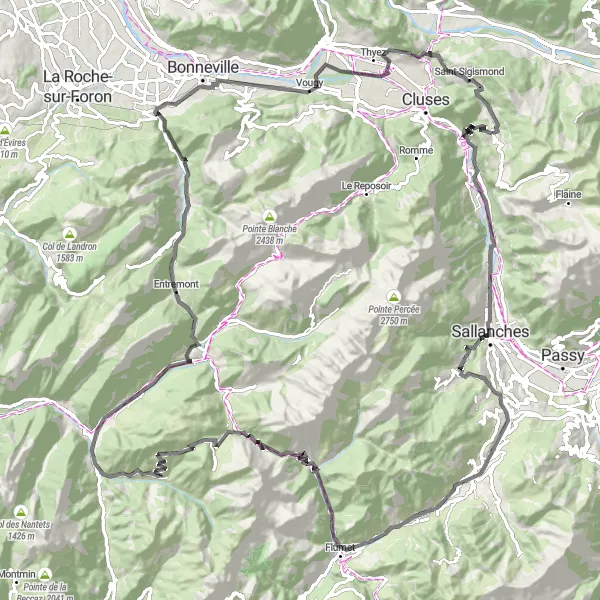 Miniature de la carte de l'inspiration cycliste "Les Montagnes de Haute-Savoie" dans la Rhône-Alpes, France. Générée par le planificateur d'itinéraire cycliste Tarmacs.app