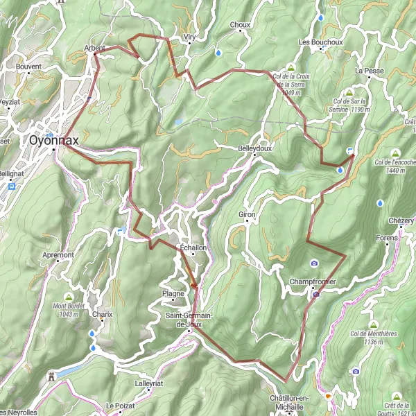 Zemljevid v pomanjšavi "Gravel avantura od Col de la Croix de la Serra do Oyonnaxa" kolesarske inspiracije v Rhône-Alpes, France. Generirano z načrtovalcem kolesarskih poti Tarmacs.app