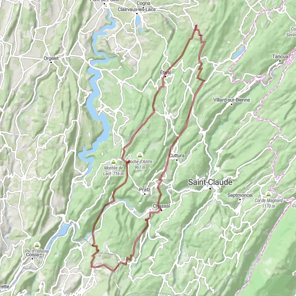 Miniatuurkaart van de fietsinspiratie "Gravelroute rond Arbent" in Rhône-Alpes, France. Gemaakt door de Tarmacs.app fietsrouteplanner