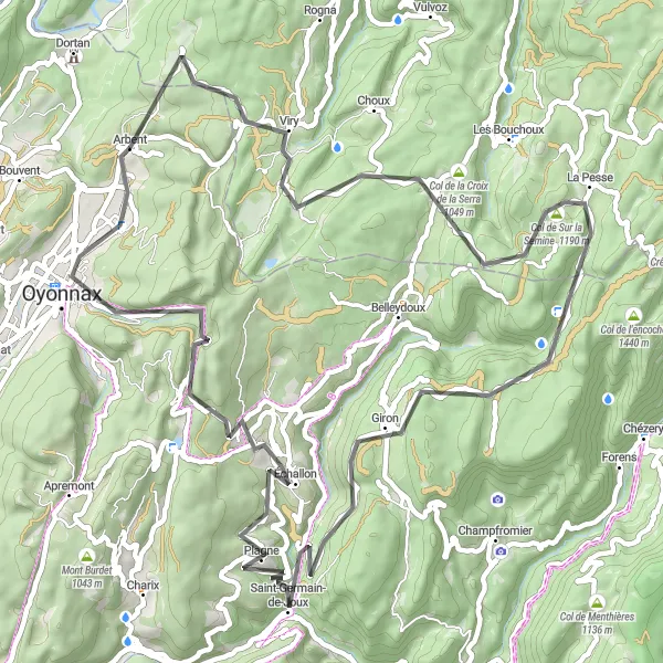 Miniature de la carte de l'inspiration cycliste "Les Montagnes Jurassiennes" dans la Rhône-Alpes, France. Générée par le planificateur d'itinéraire cycliste Tarmacs.app