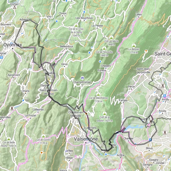 Mapa miniatúra "Významná jazdná trasa cez Rhône-Alpes" cyklistická inšpirácia v Rhône-Alpes, France. Vygenerované cyklistickým plánovačom trás Tarmacs.app