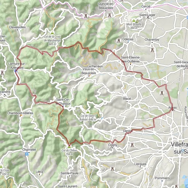 Zemljevid v pomanjšavi "Exploration gravel route starting from Arnas" kolesarske inspiracije v Rhône-Alpes, France. Generirano z načrtovalcem kolesarskih poti Tarmacs.app
