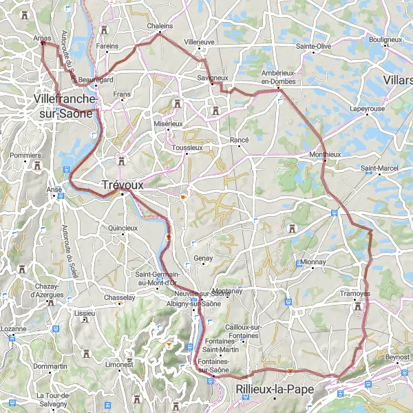 Miniatura della mappa di ispirazione al ciclismo "Esplorazione Gravel della Saona" nella regione di Rhône-Alpes, France. Generata da Tarmacs.app, pianificatore di rotte ciclistiche