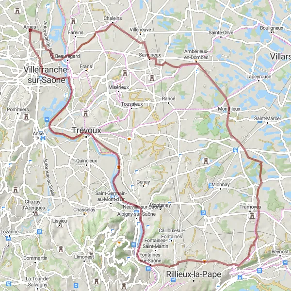 Map miniature of "Chaleins Gravel Route" cycling inspiration in Rhône-Alpes, France. Generated by Tarmacs.app cycling route planner