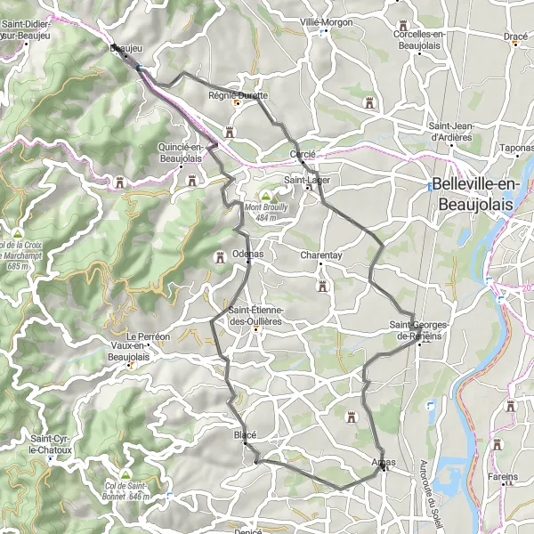 Miniature de la carte de l'inspiration cycliste "Les vignobles de Beaujeu" dans la Rhône-Alpes, France. Générée par le planificateur d'itinéraire cycliste Tarmacs.app