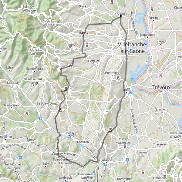 Miniatura della mappa di ispirazione al ciclismo "Giro in bicicletta intorno a Arnas" nella regione di Rhône-Alpes, France. Generata da Tarmacs.app, pianificatore di rotte ciclistiche