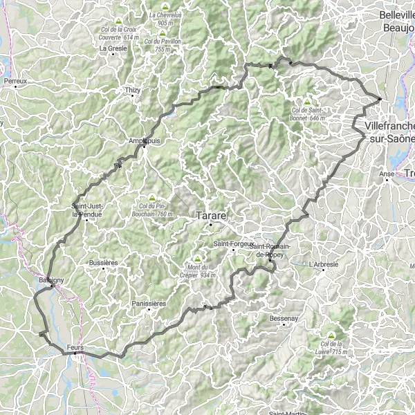 Map miniature of "Theizé Epic Road Route" cycling inspiration in Rhône-Alpes, France. Generated by Tarmacs.app cycling route planner
