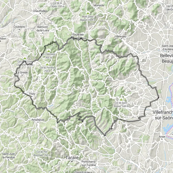 Karttaminiaatyyri "Maantiepyöräreitti Beaujolais'n viinialueelle" pyöräilyinspiraatiosta alueella Rhône-Alpes, France. Luotu Tarmacs.app pyöräilyreittisuunnittelijalla