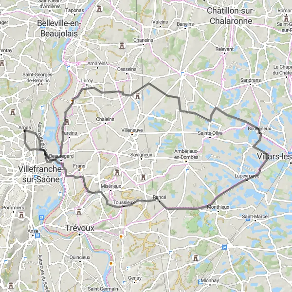 Miniatura mapy "Przejażdżka rowerowa w okolicy Arnas" - trasy rowerowej w Rhône-Alpes, France. Wygenerowane przez planer tras rowerowych Tarmacs.app