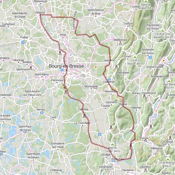 Karten-Miniaturansicht der Radinspiration "Gravelradtour um Attignat" in Rhône-Alpes, France. Erstellt vom Tarmacs.app-Routenplaner für Radtouren