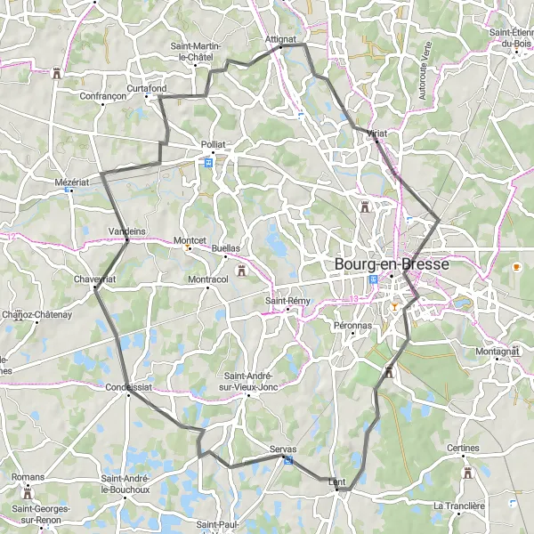 Miniatua del mapa de inspiración ciclista "Ruta de 61 km desde Attignat" en Rhône-Alpes, France. Generado por Tarmacs.app planificador de rutas ciclistas