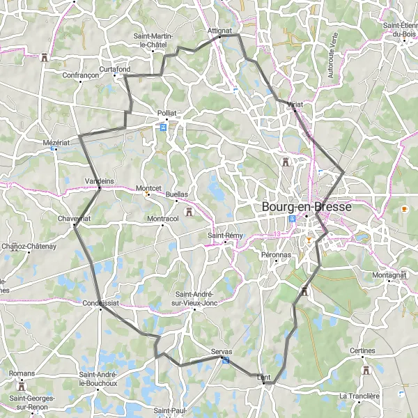 Map miniature of "The Viriat Vineyards Loop" cycling inspiration in Rhône-Alpes, France. Generated by Tarmacs.app cycling route planner