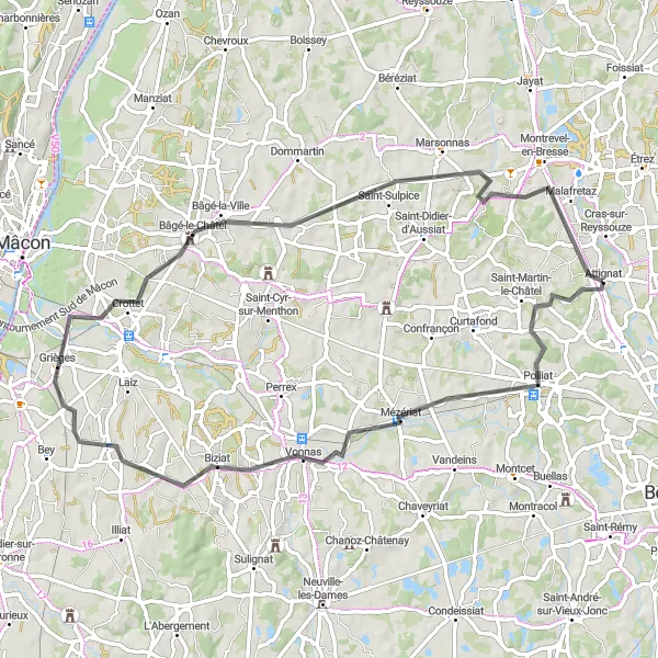 Miniature de la carte de l'inspiration cycliste "Le Tour de Biziat" dans la Rhône-Alpes, France. Générée par le planificateur d'itinéraire cycliste Tarmacs.app