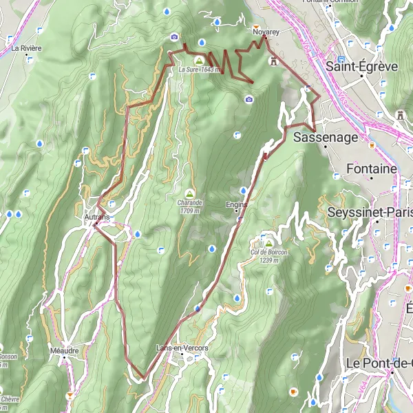 Miniatura della mappa di ispirazione al ciclismo "Avventura in bicicletta nel cuore del Vercors" nella regione di Rhône-Alpes, France. Generata da Tarmacs.app, pianificatore di rotte ciclistiche