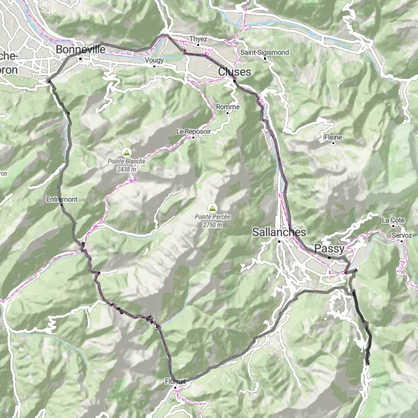 Kartminiatyr av "Marignier till Château d'Arcine via Saint-Gervais-les-Bains" cykelinspiration i Rhône-Alpes, France. Genererad av Tarmacs.app cykelruttplanerare