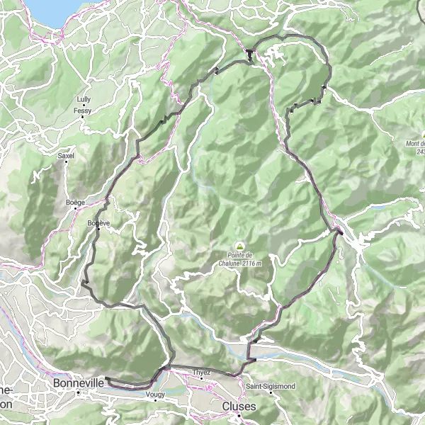 Map miniature of "Ville-en-Sallaz and Col des Arces Loop" cycling inspiration in Rhône-Alpes, France. Generated by Tarmacs.app cycling route planner