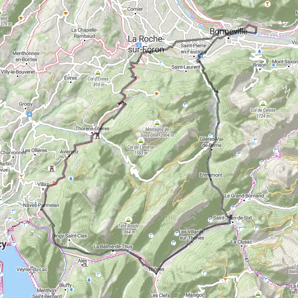 Map miniature of "Arcine and Château d'Arcine Ride" cycling inspiration in Rhône-Alpes, France. Generated by Tarmacs.app cycling route planner