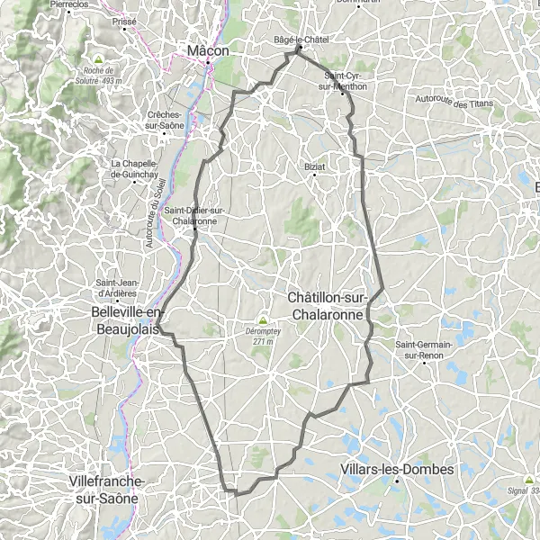 Kartminiatyr av "Bâgé-la-Ville Tilbake til Bâgé-la-Ville" sykkelinspirasjon i Rhône-Alpes, France. Generert av Tarmacs.app sykkelrutoplanlegger