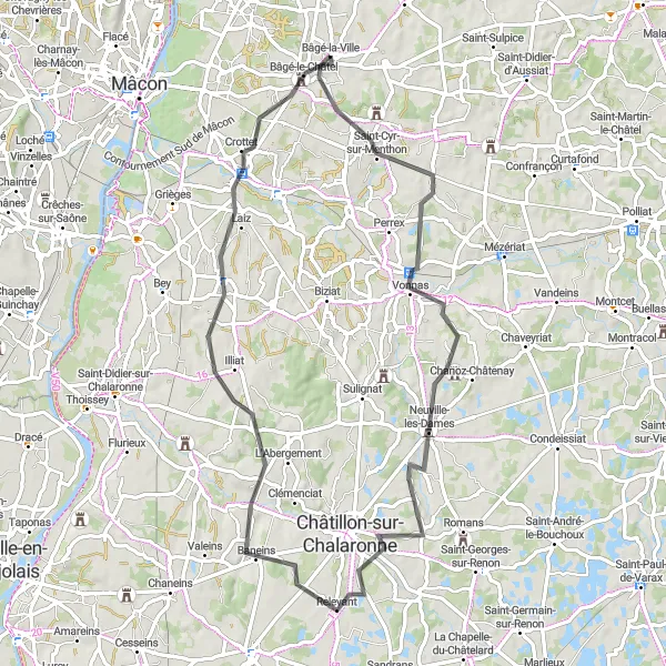 Miniatura della mappa di ispirazione al ciclismo "Passeggiata in bicicletta da Bâgé-la-Ville a Pont-de-Veyle" nella regione di Rhône-Alpes, France. Generata da Tarmacs.app, pianificatore di rotte ciclistiche
