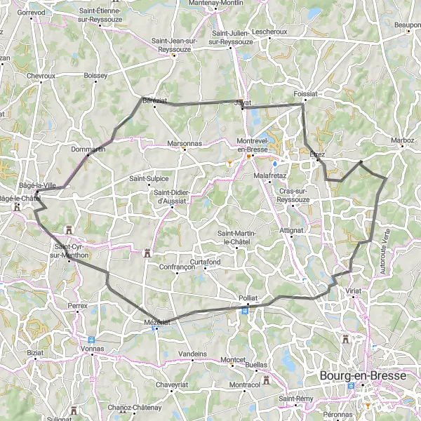 Miniatura della mappa di ispirazione al ciclismo "Giro in bicicletta da Bâgé-la-Ville a Château de la Griffonnière" nella regione di Rhône-Alpes, France. Generata da Tarmacs.app, pianificatore di rotte ciclistiche