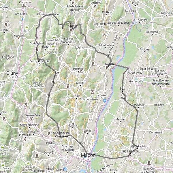 Map miniature of "Challenging Climbs and Beautiful Landscapes Near Bâgé-la-Ville" cycling inspiration in Rhône-Alpes, France. Generated by Tarmacs.app cycling route planner