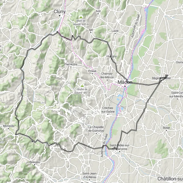 Karttaminiaatyyri "Bâgé-le-Châtel - Thoissey - Chiroubles - Col de Durbize - Col de Crie - Saint-Christophe - Clermain - Col du Bois Clair - Table d'orientation de La Grisière - Mâcon - La Gripinière - Bâgé-le-Châtel" pyöräilyinspiraatiosta alueella Rhône-Alpes, France. Luotu Tarmacs.app pyöräilyreittisuunnittelijalla