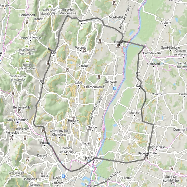 Kartminiatyr av "Bâgé-le-Châtel til Boz" sykkelinspirasjon i Rhône-Alpes, France. Generert av Tarmacs.app sykkelrutoplanlegger