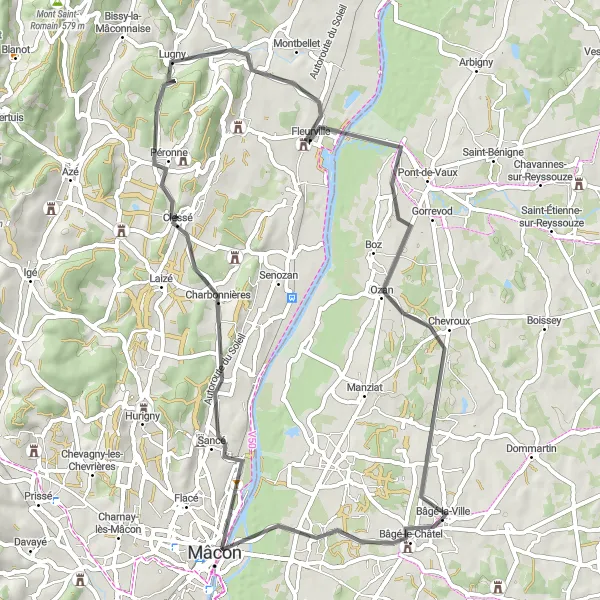 Zemljevid v pomanjšavi "Kolesarska pot Mâcon in nazaj" kolesarske inspiracije v Rhône-Alpes, France. Generirano z načrtovalcem kolesarskih poti Tarmacs.app