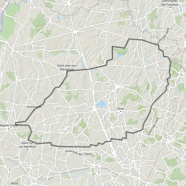 Miniatua del mapa de inspiración ciclista "Ruta de ciclismo en carretera de 85 km cerca de Bâgé-la-Ville" en Rhône-Alpes, France. Generado por Tarmacs.app planificador de rutas ciclistas