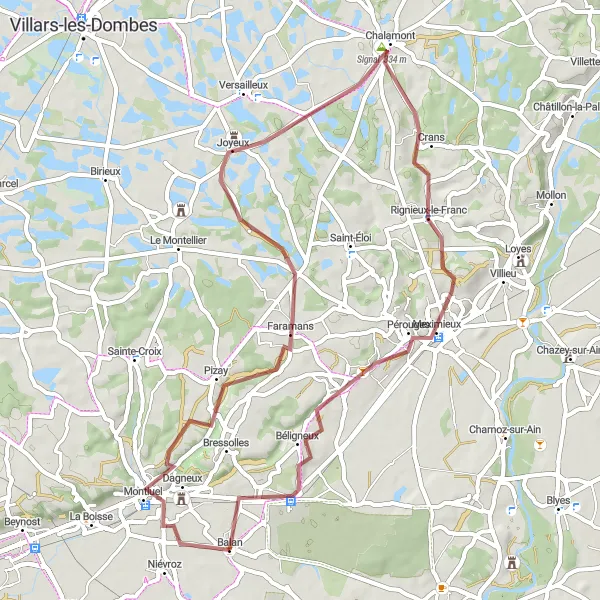 Map miniature of "Scenic Gravel Route near Balan" cycling inspiration in Rhône-Alpes, France. Generated by Tarmacs.app cycling route planner