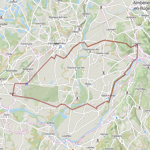 Miniatua del mapa de inspiración ciclista "Ruta de ciclismo de grava por La Valbonne y Saint-Maurice-de-Gourdans" en Rhône-Alpes, France. Generado por Tarmacs.app planificador de rutas ciclistas