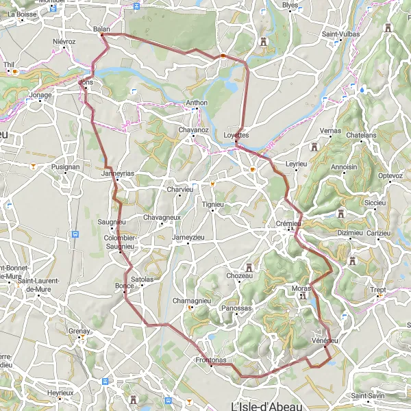 Miniaturní mapa "Trasa na horském kole Balan - Saint-Maurice-de-Gourdans - Crémieu - Saint-Marcel-Bel-Accueil - Colombier-Saugnieu - Jons" inspirace pro cyklisty v oblasti Rhône-Alpes, France. Vytvořeno pomocí plánovače tras Tarmacs.app