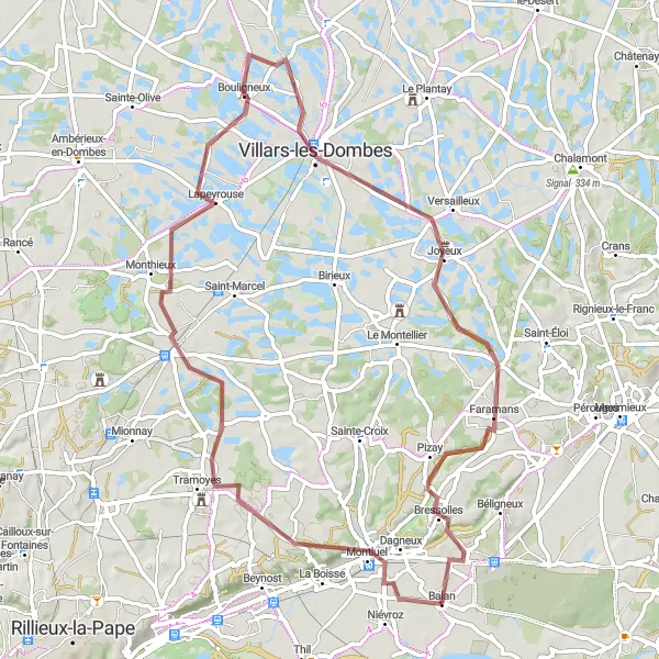 Zemljevid v pomanjšavi "Gravelska dogodivščina v Villars-les-Dombes" kolesarske inspiracije v Rhône-Alpes, France. Generirano z načrtovalcem kolesarskih poti Tarmacs.app