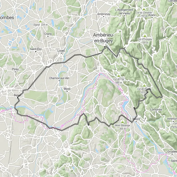 Miniatura della mappa di ispirazione al ciclismo "Scopri Meximieux e Chavanoz in bicicletta" nella regione di Rhône-Alpes, France. Generata da Tarmacs.app, pianificatore di rotte ciclistiche