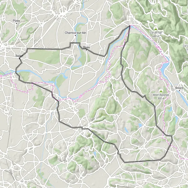 Miniaturní mapa "Road Trasa Blyes" inspirace pro cyklisty v oblasti Rhône-Alpes, France. Vytvořeno pomocí plánovače tras Tarmacs.app