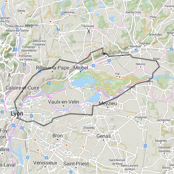 Miniatura della mappa di ispirazione al ciclismo "Scoperta di La Jetée in bicicletta" nella regione di Rhône-Alpes, France. Generata da Tarmacs.app, pianificatore di rotte ciclistiche