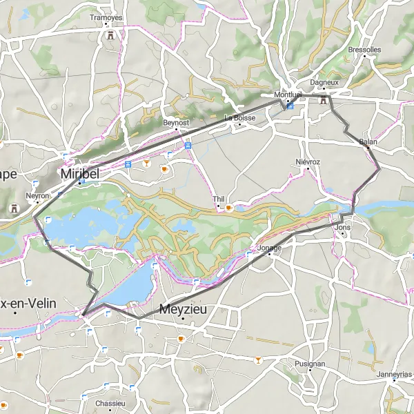 Miniatua del mapa de inspiración ciclista "Ruta de ciclismo de ida y vuelta desde Balan a Meyzieu" en Rhône-Alpes, France. Generado por Tarmacs.app planificador de rutas ciclistas