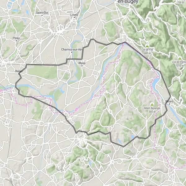 Miniaturní mapa "Cyklistická trasa Balan - Chânes - Saint-Sorlin-en-Bugey - Briord - Soleymieu - Chavanoz - Jons" inspirace pro cyklisty v oblasti Rhône-Alpes, France. Vytvořeno pomocí plánovače tras Tarmacs.app