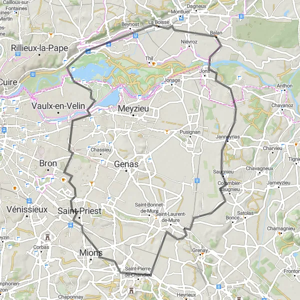 Miniatura della mappa di ispirazione al ciclismo "Tour ciclistico tra Villette-d'Anthon e Beynost" nella regione di Rhône-Alpes, France. Generata da Tarmacs.app, pianificatore di rotte ciclistiche