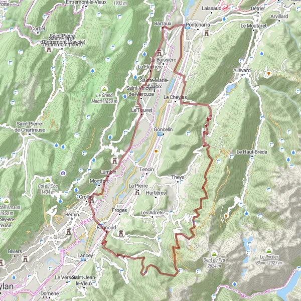 Map miniature of "Gravel Adventure in the Rhône-Alpes Region" cycling inspiration in Rhône-Alpes, France. Generated by Tarmacs.app cycling route planner