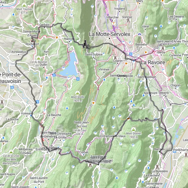 Map miniature of "Barraux and the Legendary Climbs of Rhône-Alpes" cycling inspiration in Rhône-Alpes, France. Generated by Tarmacs.app cycling route planner