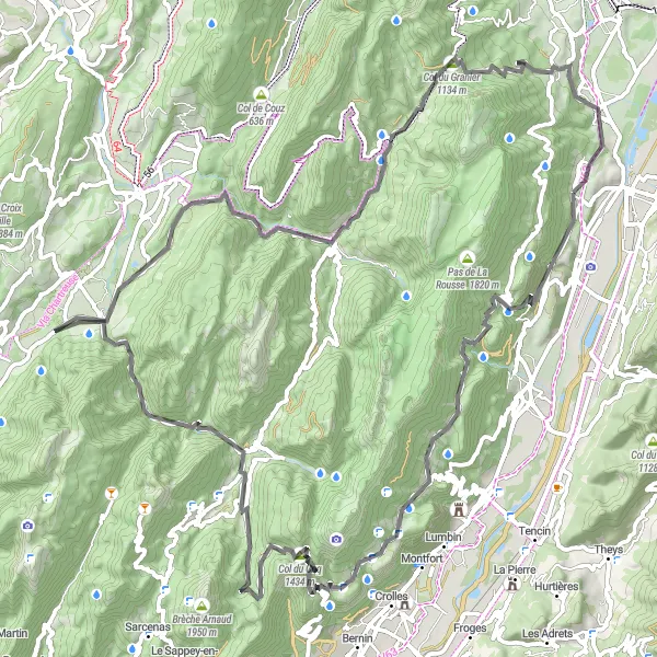 Map miniature of "Embrace the Challenges of Serpentine Roads" cycling inspiration in Rhône-Alpes, France. Generated by Tarmacs.app cycling route planner