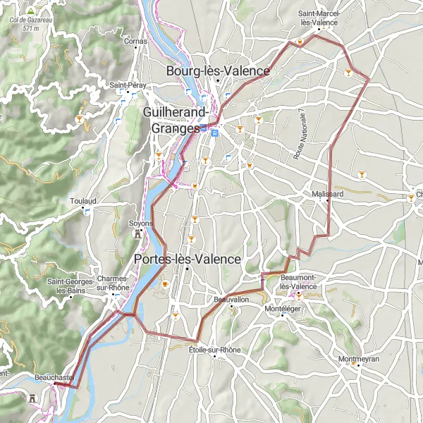Karttaminiaatyyri "Soyons - Charmes-sur-Rhône gravel path" pyöräilyinspiraatiosta alueella Rhône-Alpes, France. Luotu Tarmacs.app pyöräilyreittisuunnittelijalla
