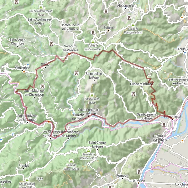 Zemljevid v pomanjšavi "Kolesarska pot okoli Beauchastela - Gravel" kolesarske inspiracije v Rhône-Alpes, France. Generirano z načrtovalcem kolesarskih poti Tarmacs.app