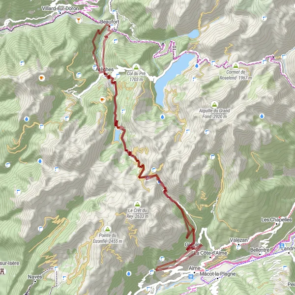 Zemljevid v pomanjšavi "Razgibana potovanja po makadamskih poteh" kolesarske inspiracije v Rhône-Alpes, France. Generirano z načrtovalcem kolesarskih poti Tarmacs.app
