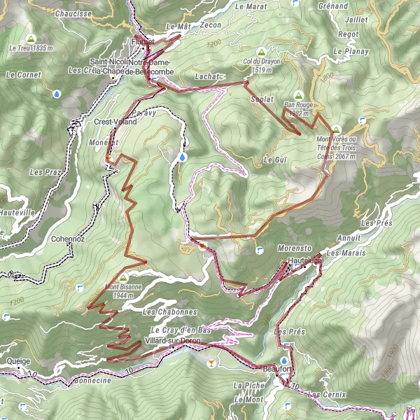 Zemljevid v pomanjšavi "Pustolovščina po makadamskih poteh" kolesarske inspiracije v Rhône-Alpes, France. Generirano z načrtovalcem kolesarskih poti Tarmacs.app